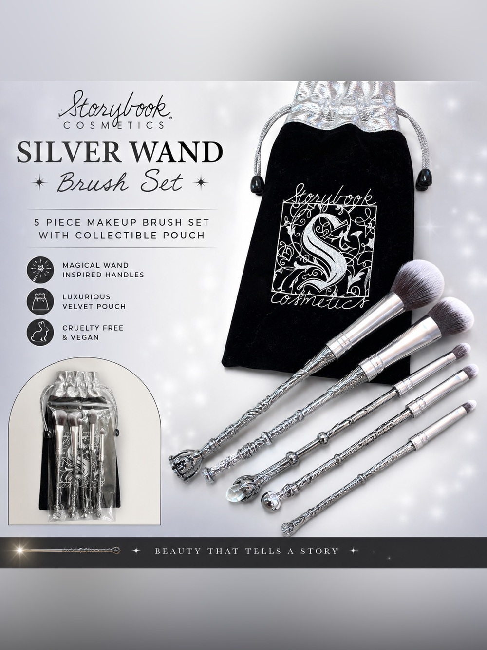 Storybook Cosmetics Silver Wand 5-Piece Makeup Brush Set with Pouch – New